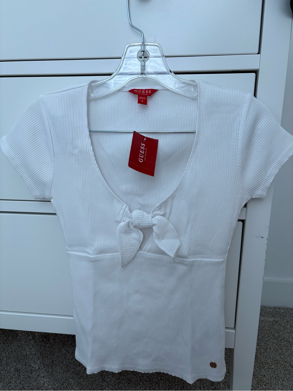 GUESS White Ribbed Tie-Front Short Sleeve Tee with Bow size s BNWT